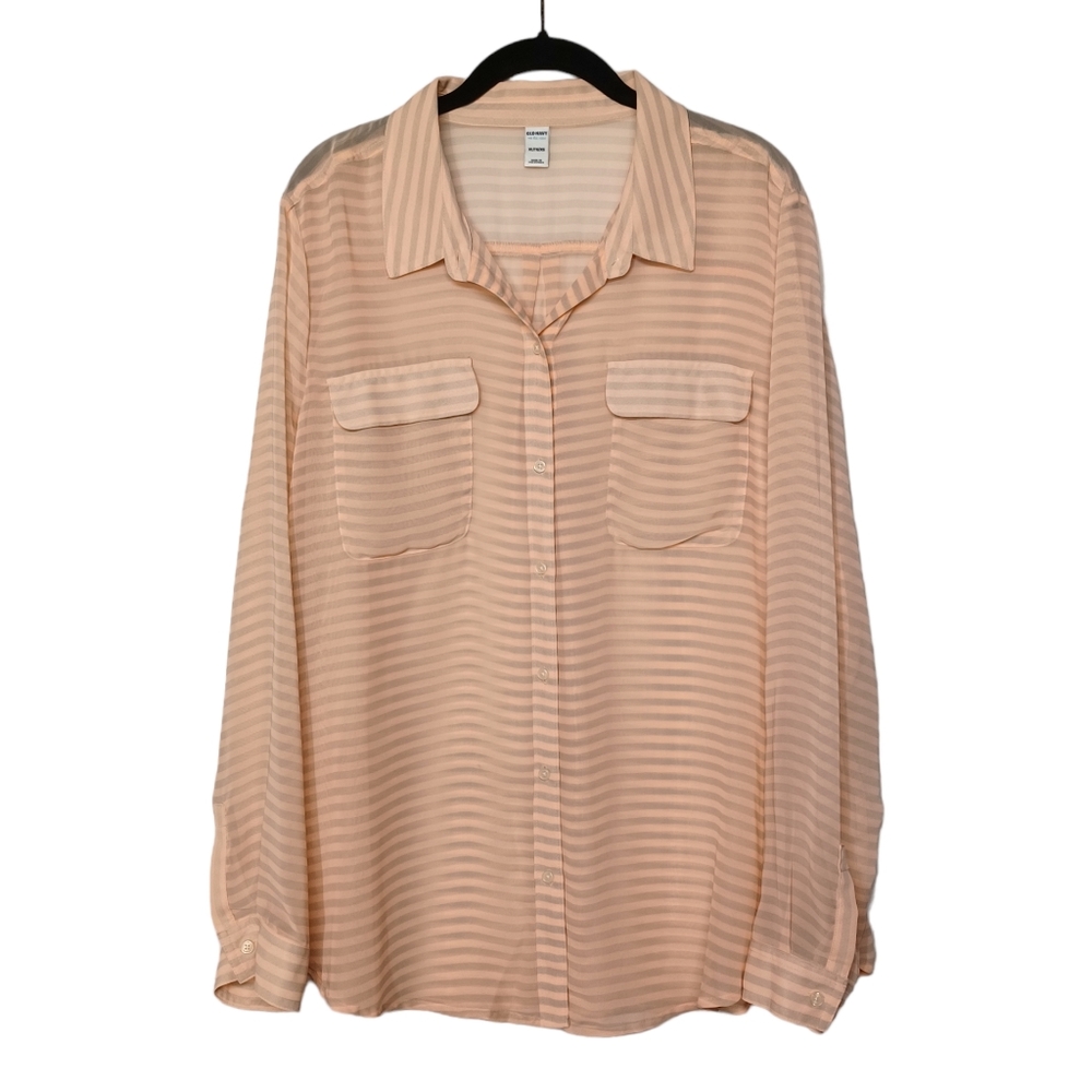 OLD NAVY Peach Gray Semi Sheer Long Sleeve Button Front Top X-Large